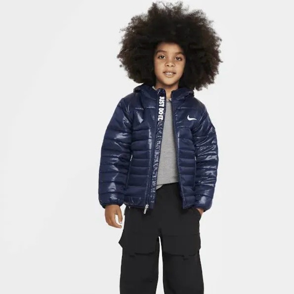NIKE Kids Mid-weight Down Fill Quilted Shiny Hooded Puffer Coat Jacket